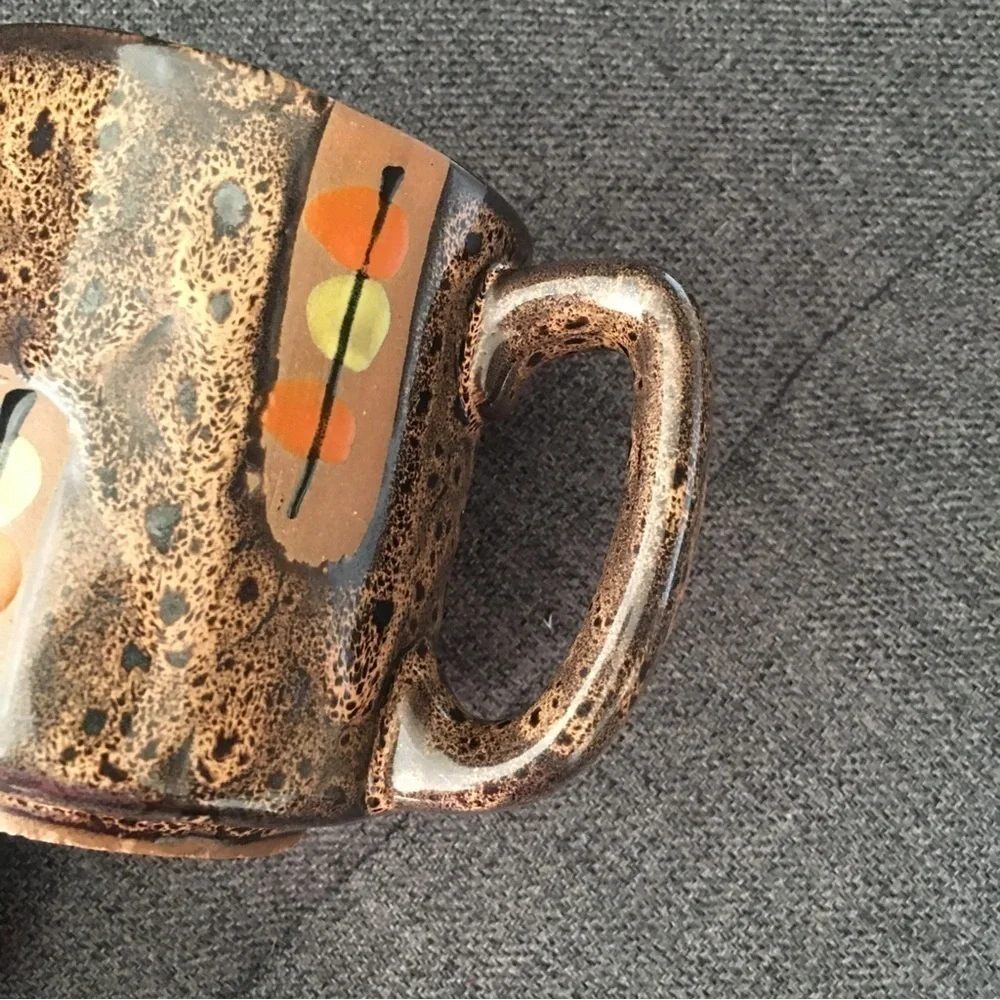 Handmade Mug in Neutral + Neon Artistic Splatter Pattern, Brown, Orange, 10oz